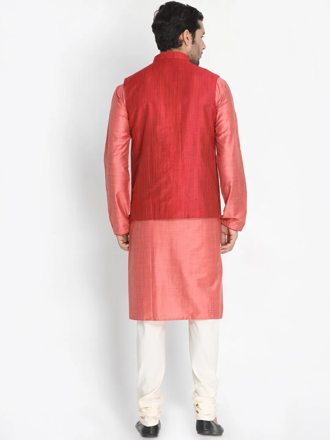 Jashvi Men's Pink Cotton Blend Kurta, Nehru Jacket and Pyjama Set