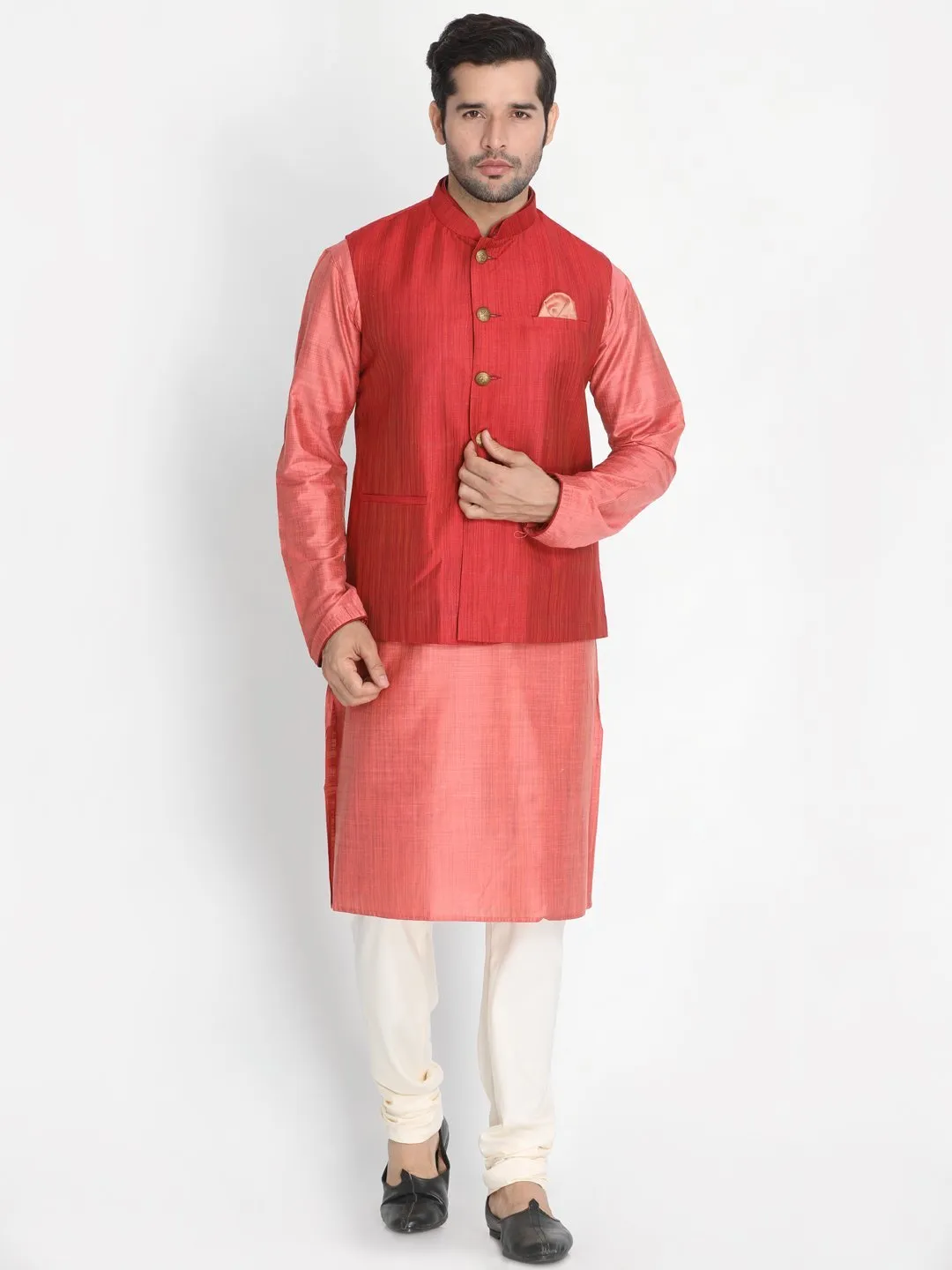 Jashvi Men's Pink Cotton Blend Kurta, Nehru Jacket and Pyjama Set