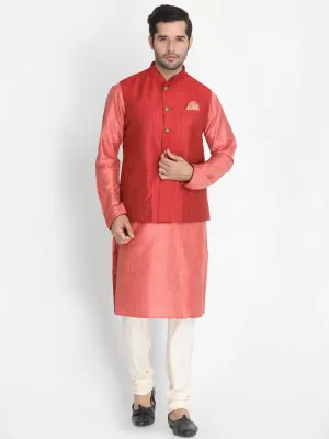 Jashvi Men's Pink Cotton Blend Kurta, Nehru Jacket and Pyjama Set