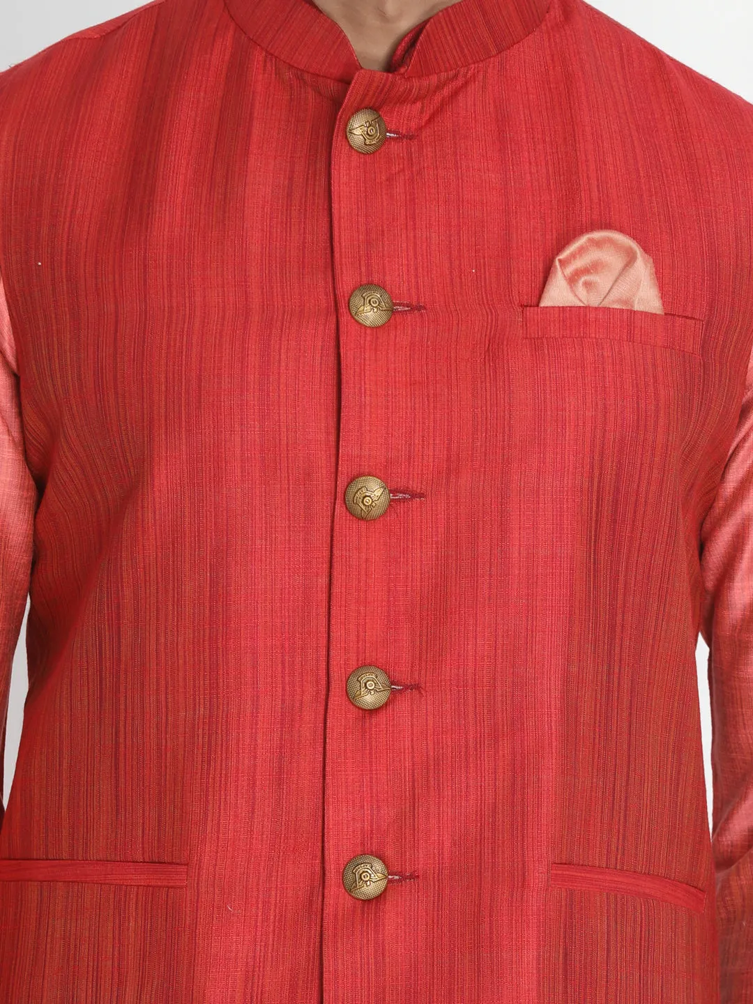 Jashvi Men's Pink Cotton Blend Kurta, Nehru Jacket and Pyjama Set