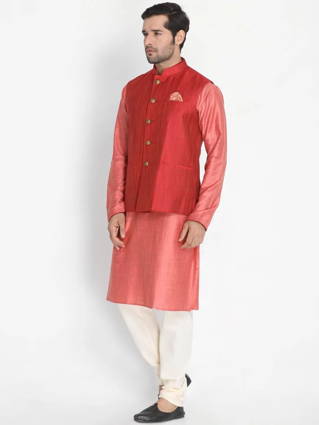 Jashvi Men's Pink Cotton Blend Kurta, Nehru Jacket and Pyjama Set