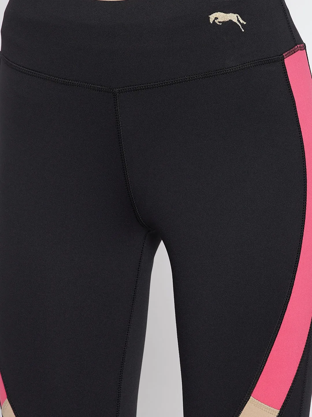 JUMP USA Women Black & Pink Colorblocked Activewear Gym Tights