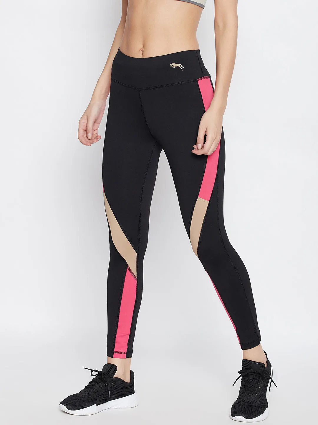 JUMP USA Women Black & Pink Colorblocked Activewear Gym Tights