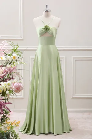 Light Green A-Line Halter Hollow Out Satin Maxi Dress with Flower