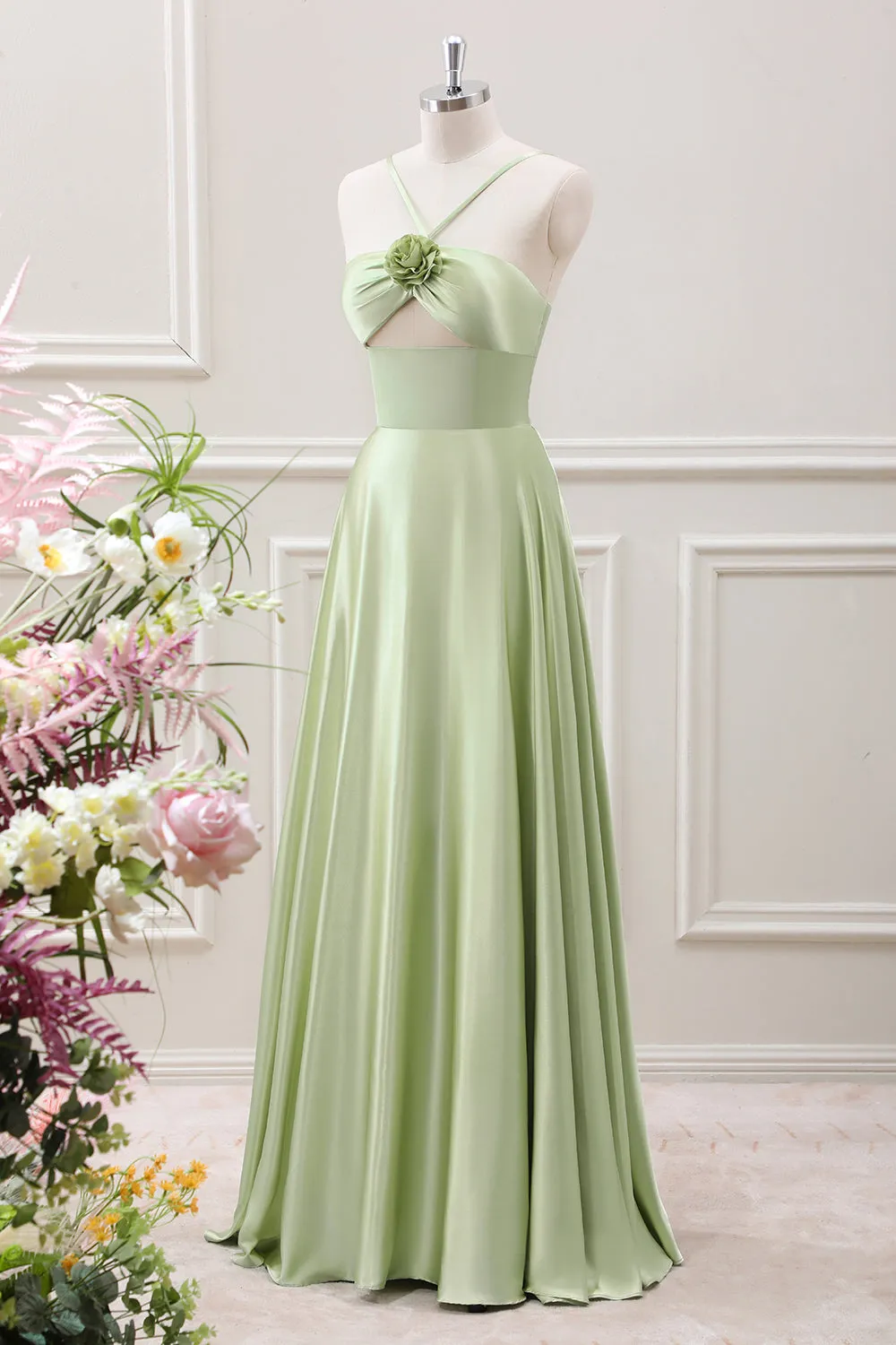 Light Green A-Line Halter Hollow Out Satin Maxi Dress with Flower