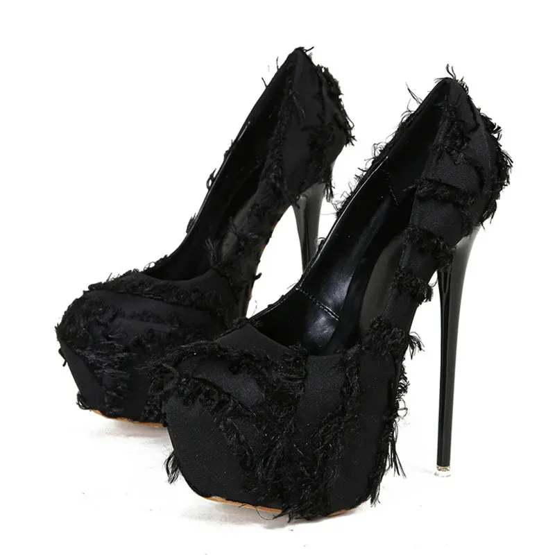 Liyke 2024 Spring Slingback Shoes Women Black White Fluffy Feather Round Toe Strip Pole Dance Extreme High Heels Platform Pumps