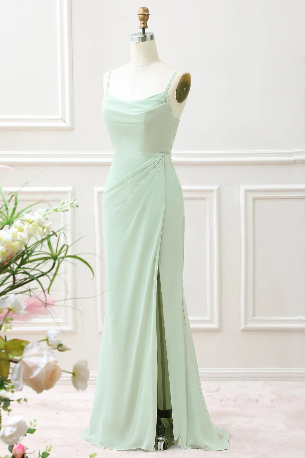 Matcha A Line Spaghetti Straps Satin Maxi Dress with Lace Up Back