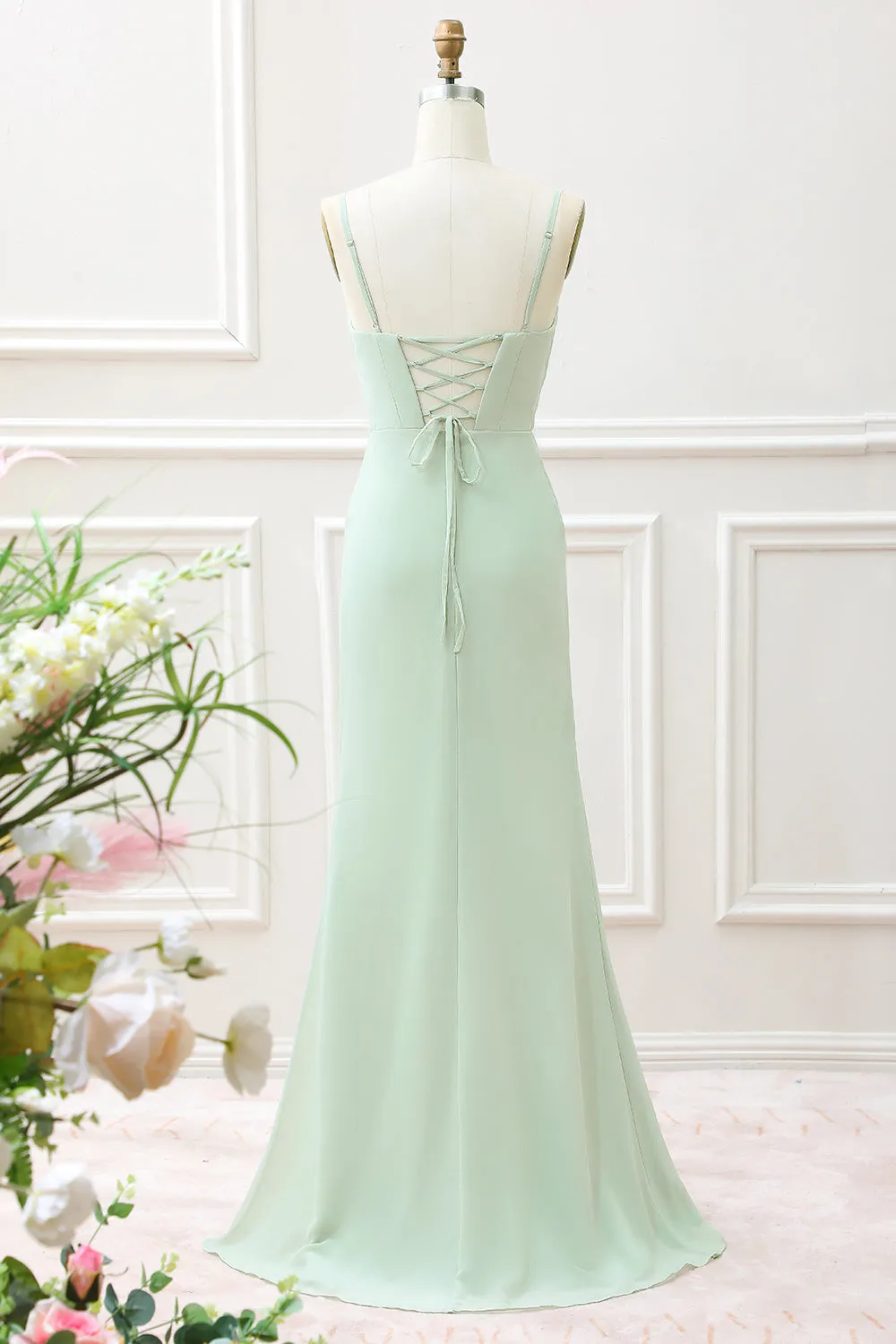 Matcha A Line Spaghetti Straps Satin Maxi Dress with Lace Up Back