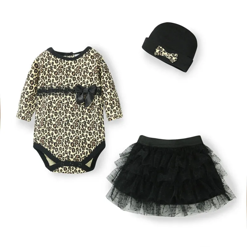 Newborn Baby Girl Clothes 3pcs Suit Bodysuit   Tutu Skirt  Headband(hat) Leopard Kids Infant Clothing Sets