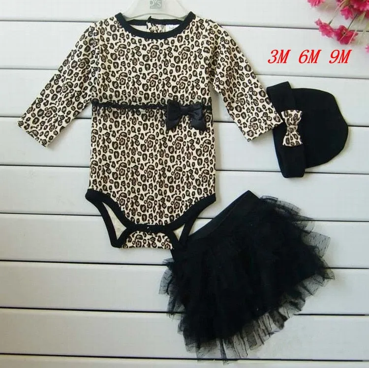 Newborn Baby Girl Clothes 3pcs Suit Bodysuit   Tutu Skirt  Headband(hat) Leopard Kids Infant Clothing Sets