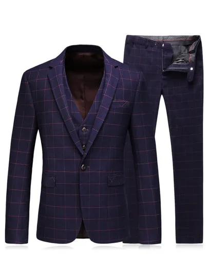 One Button Slim Fit Men's Dress Suit Notched Collar Plaid Printed