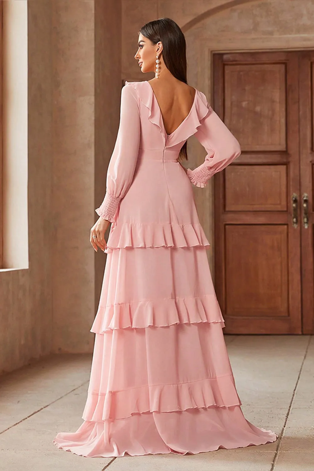 Pink Tiered Chiffon A Line Ruffle Maxi Dress with Long Sleeves