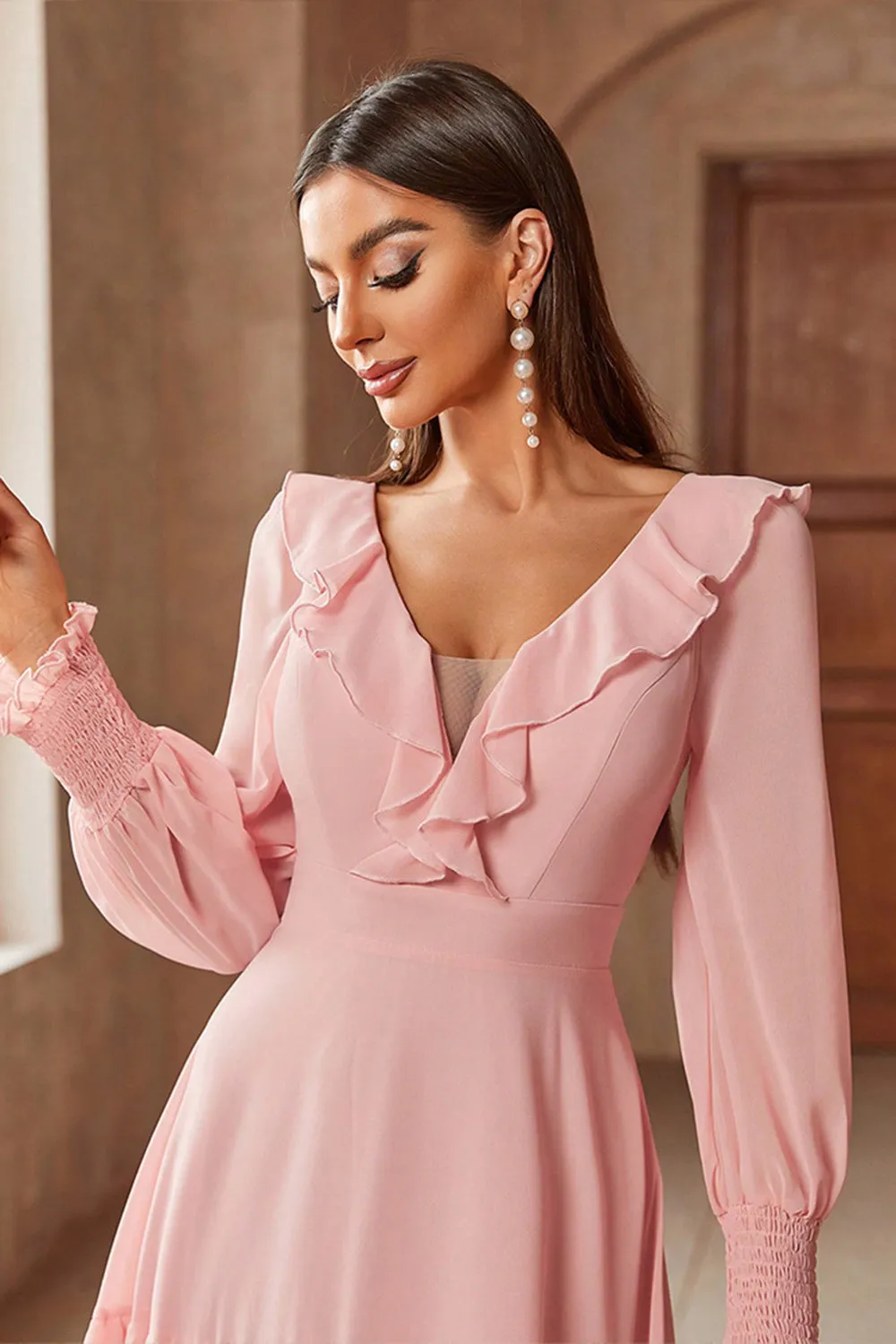 Pink Tiered Chiffon A Line Ruffle Maxi Dress with Long Sleeves