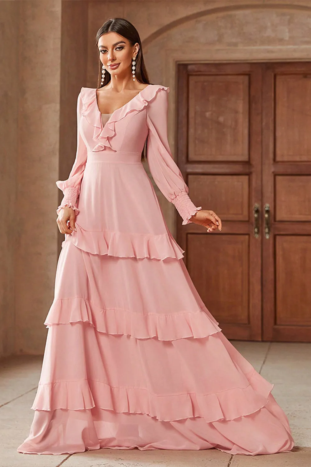 Pink Tiered Chiffon A Line Ruffle Maxi Dress with Long Sleeves