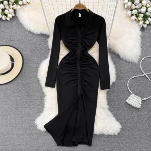 polo collar long-sleeved chic pleated mid-length slit dress    S4327