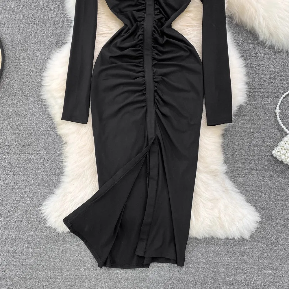 polo collar long-sleeved chic pleated mid-length slit dress    S4327