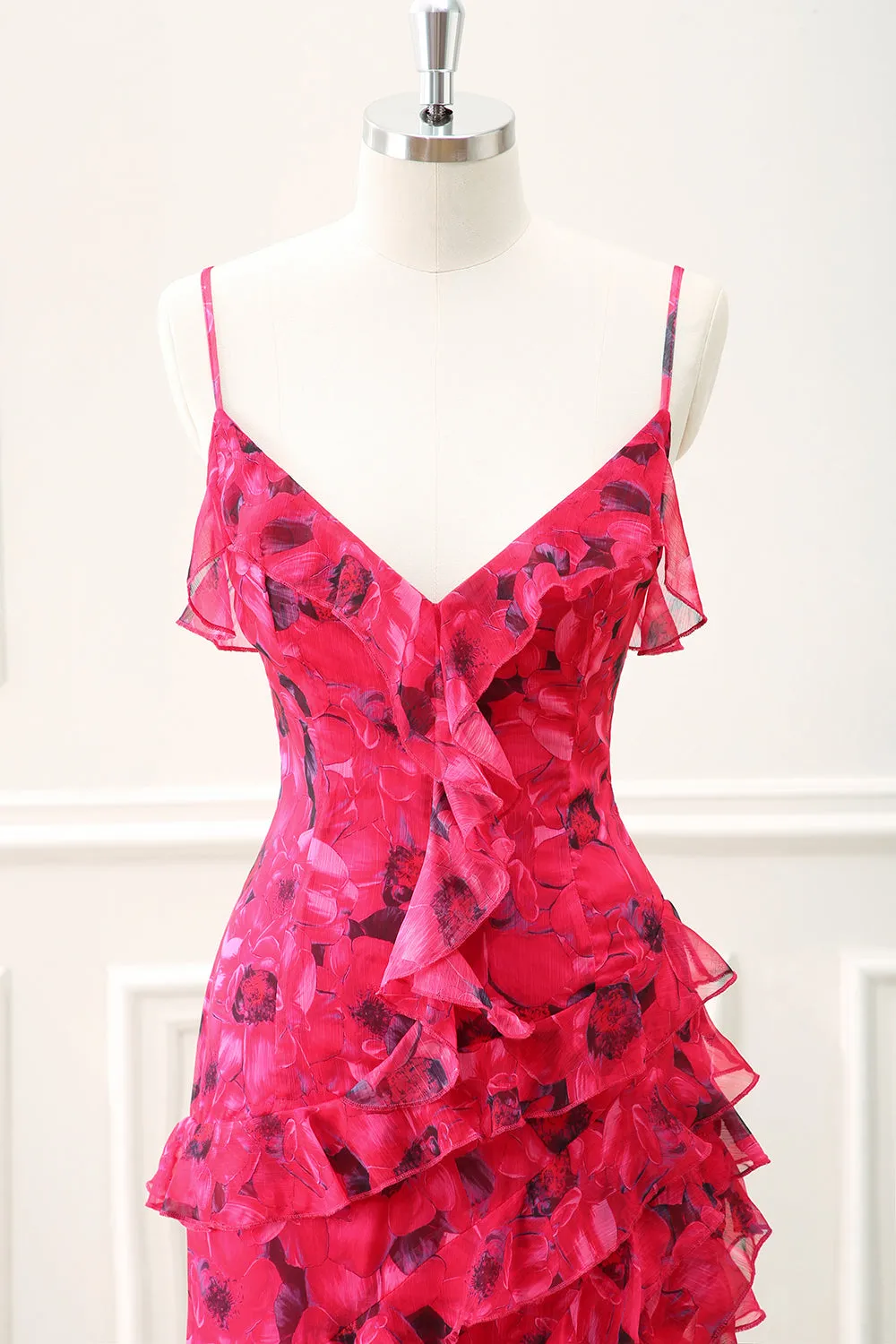 Red Flower Ruffled Spaghetti Straps Asymmetrical Dress