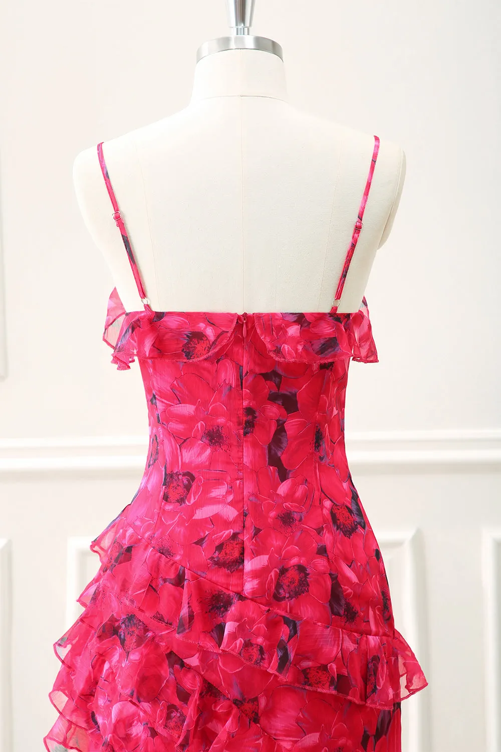 Red Flower Ruffled Spaghetti Straps Asymmetrical Dress