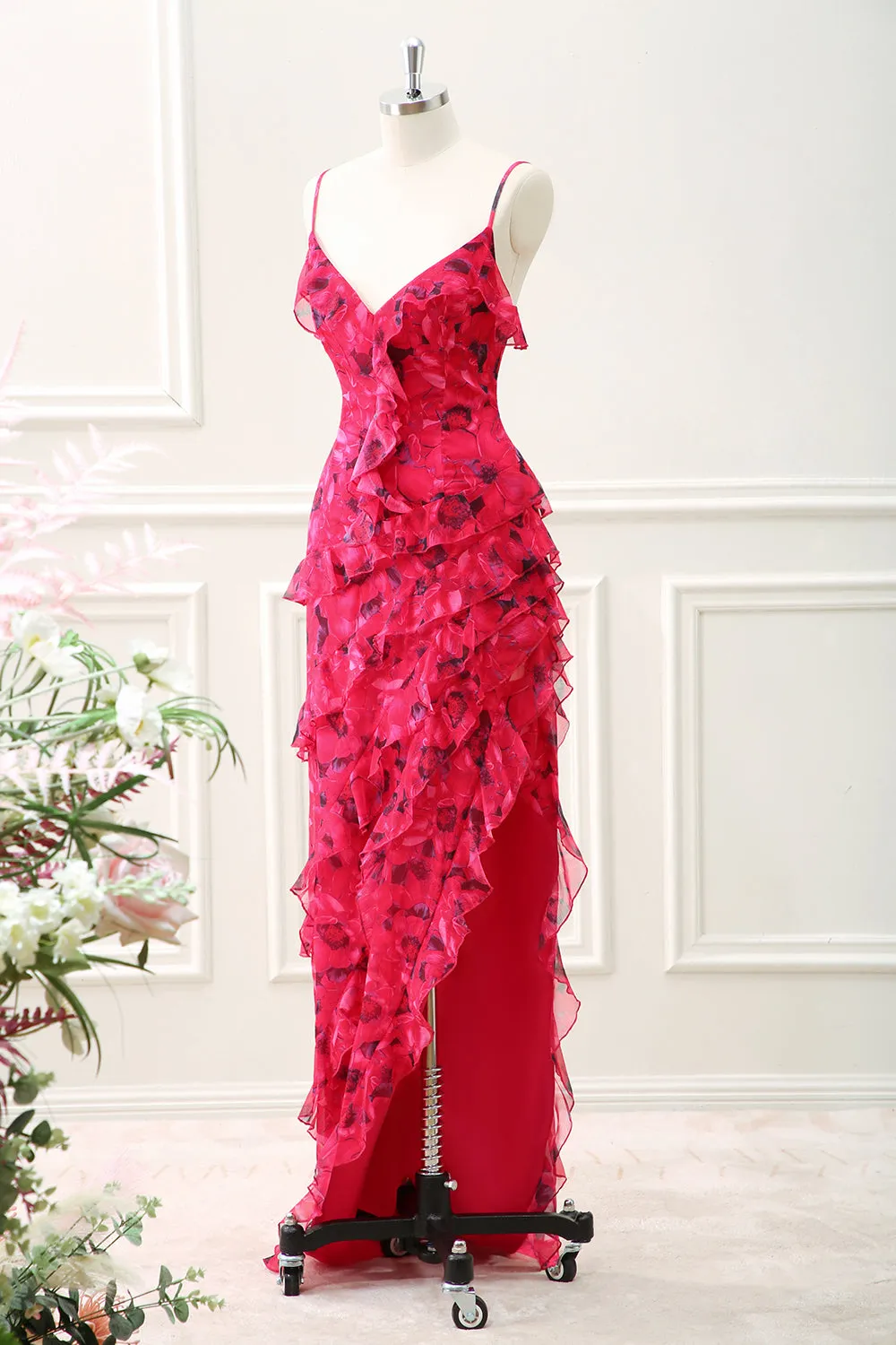 Red Flower Ruffled Spaghetti Straps Asymmetrical Dress