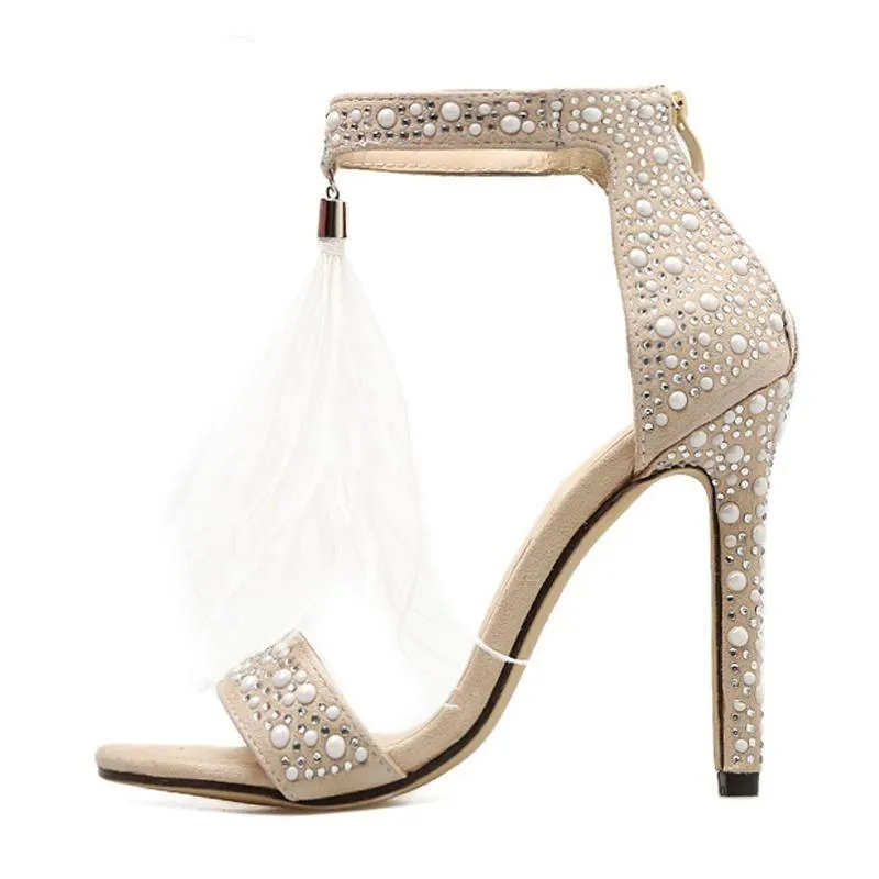 Rhinestone Zipper Feather High Heel shoes for Women