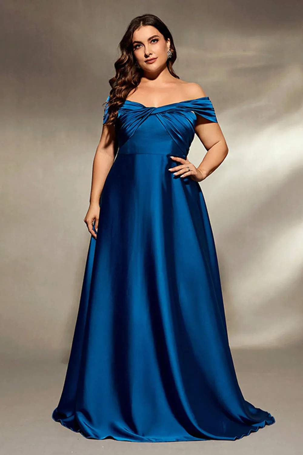 Royal Blue Plus Size Off the Shoulder Satin A Line Maxi Dress