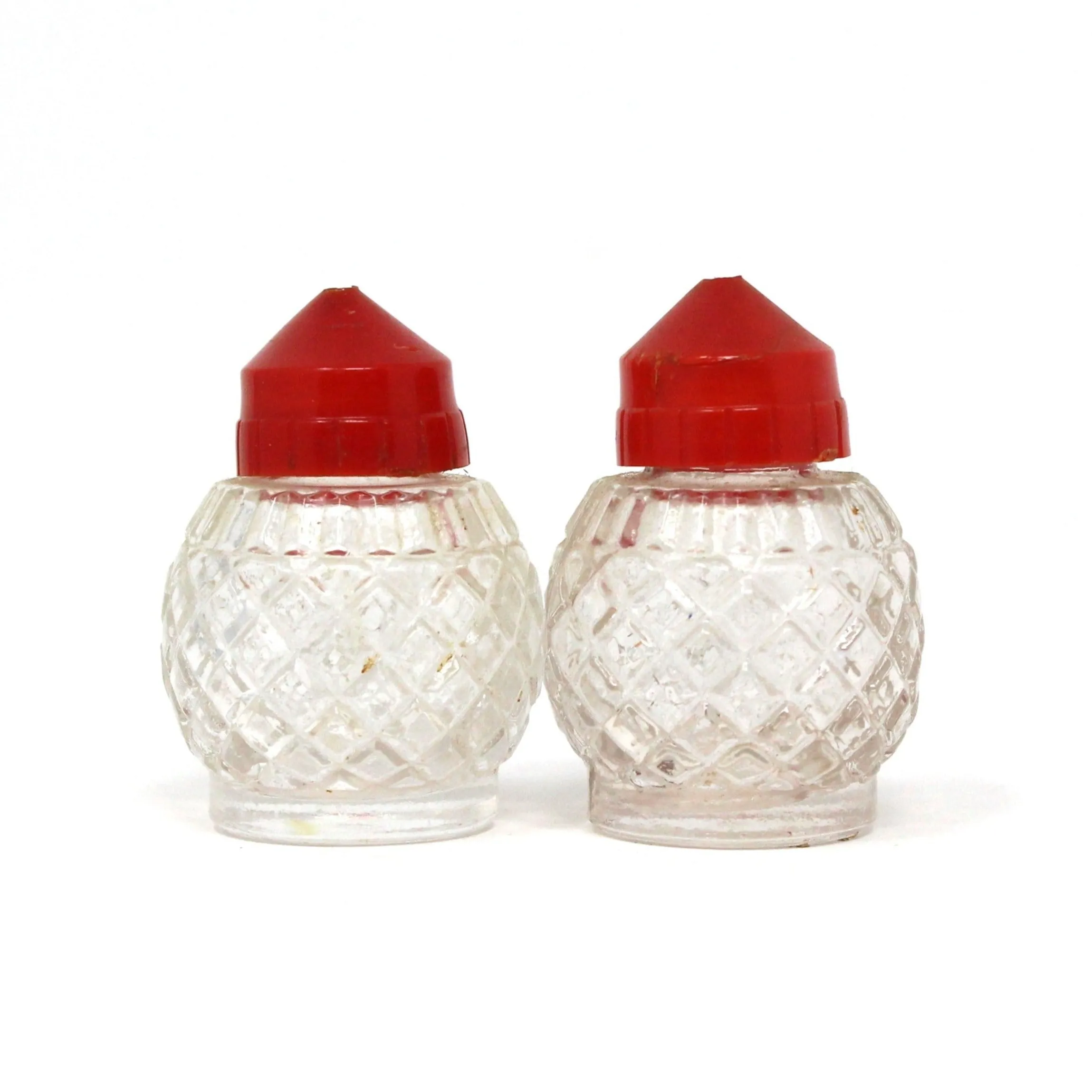 Salt and Pepper Shakers, Pressed Glass with Red Bakelite Tops, Vintage