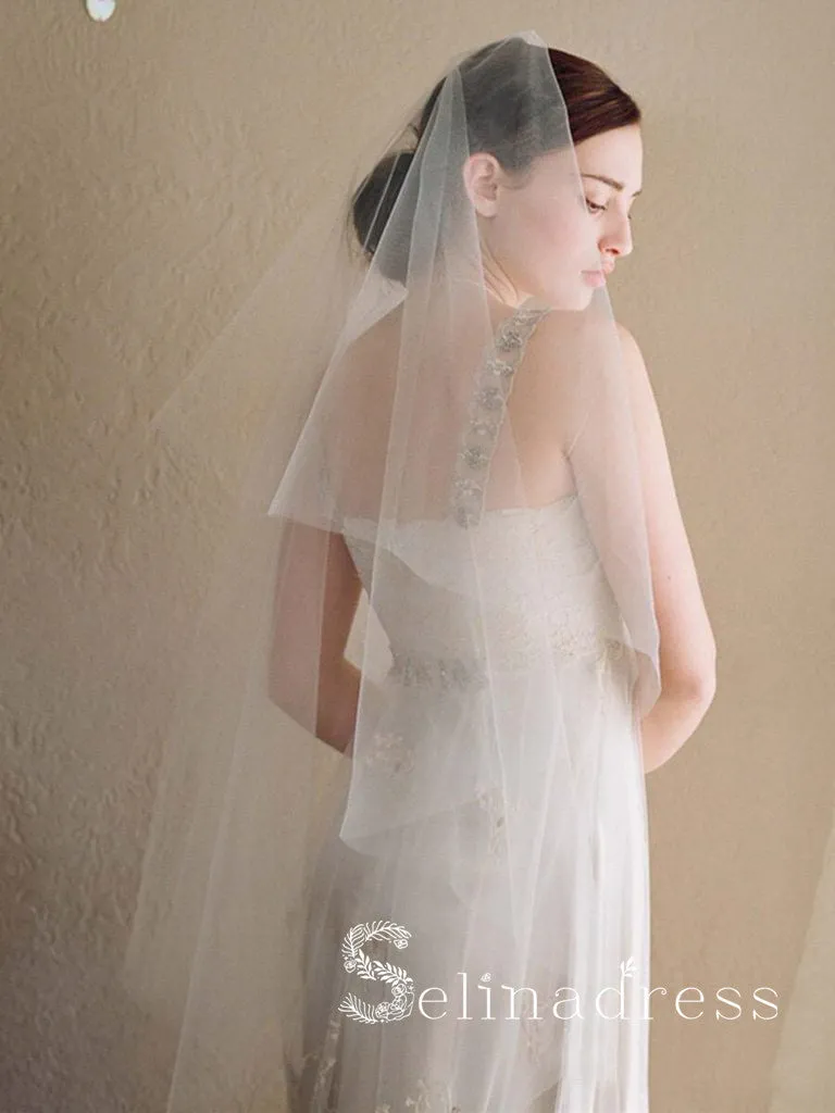 Simple Ivory Tulle Drop Veil Crystal Comb Wedding Veils ALC003