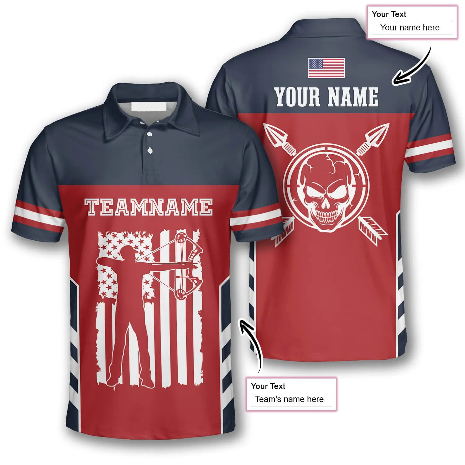 Skull Flag Red Navy Custom Archery Shirts for Men, Skull Shirt, Archery Skull Shirt