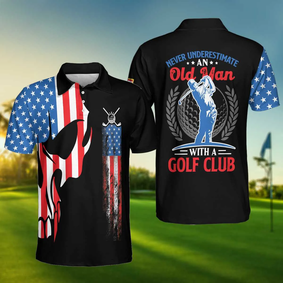 Skull Golf With American Flag Polo Shirt, Never Underate An Old Man Golfer Polo Shirt, Best Golf Shirt For Men Coolspod