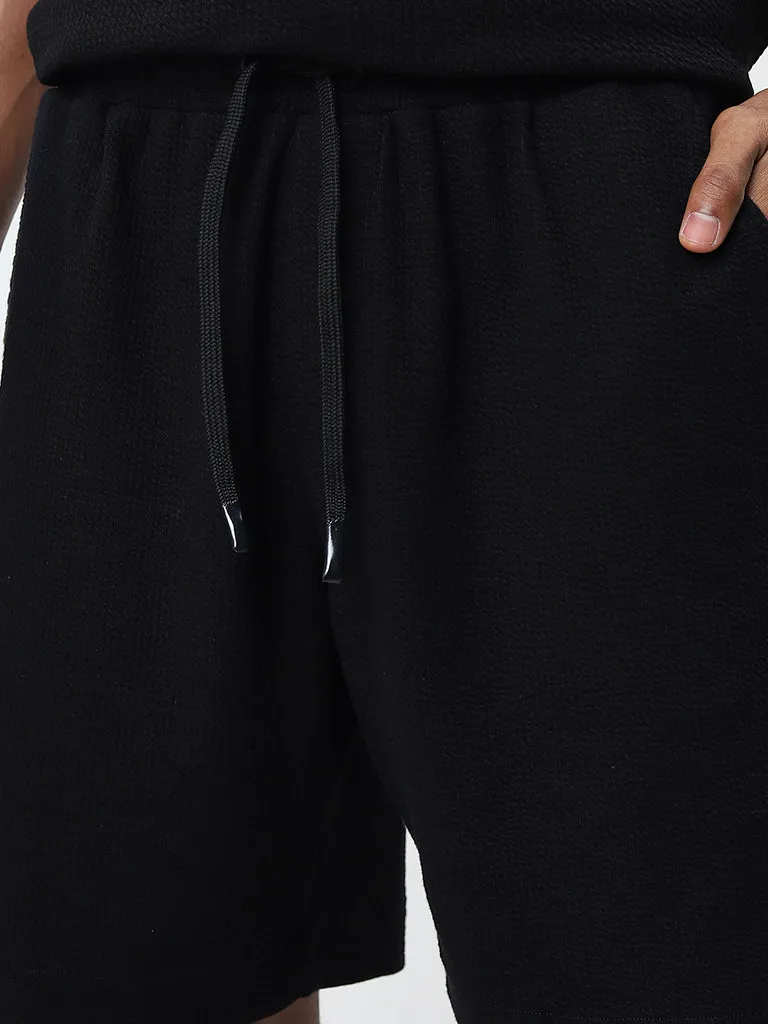 Studiofit Black Textured Relaxed-Fit Mid-Rise Shorts