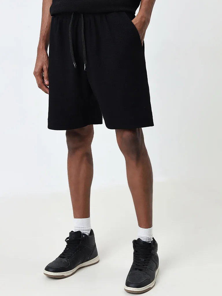 Studiofit Black Textured Relaxed-Fit Mid-Rise Shorts