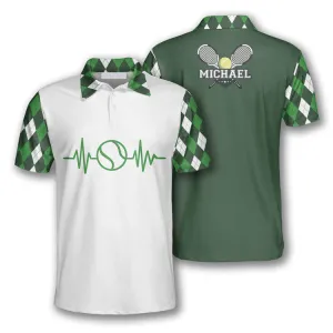 Tennis Heartbeat Pulse Line Green Argyle Plaid Customized Name All Over Printed Polo Shirt