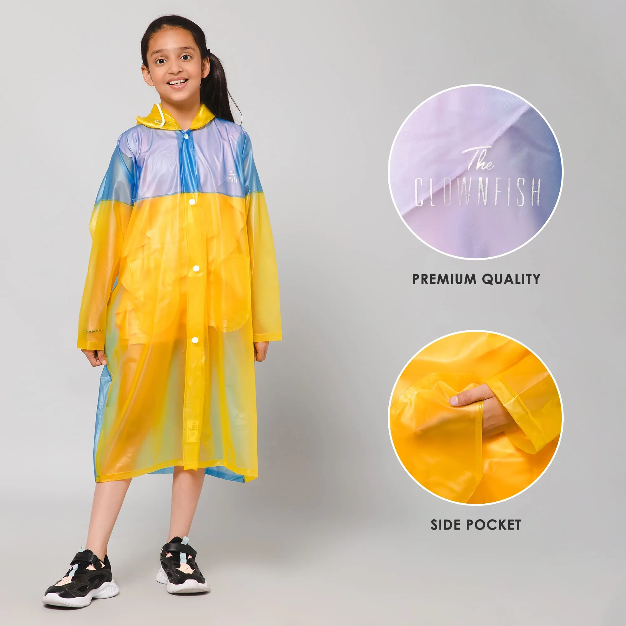 THE CLOWNFISH Puddle Jumper Series Unisex Kids Waterproof Single Layer PVC Longcoat/Raincoat with Adjustable Hood. Age-3-4 Years (Blue)