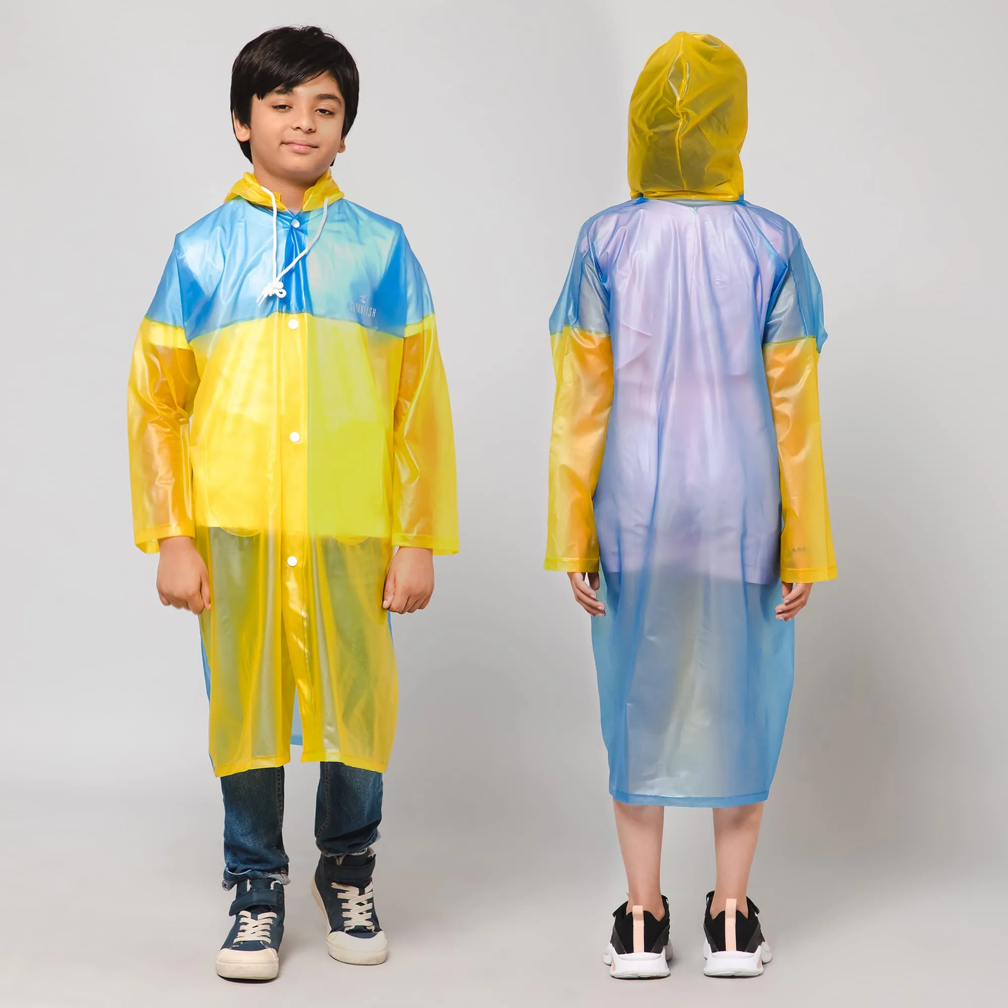 THE CLOWNFISH Puddle Jumper Series Unisex Kids Waterproof Single Layer PVC Longcoat/Raincoat with Adjustable Hood. Age-3-4 Years (Blue)