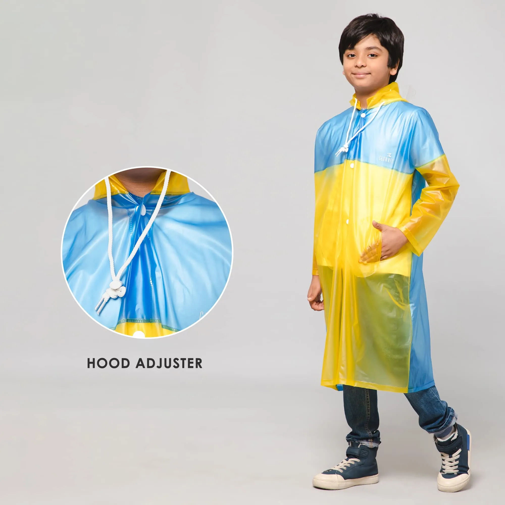 THE CLOWNFISH Puddle Jumper Series Unisex Kids Waterproof Single Layer PVC Longcoat/Raincoat with Adjustable Hood. Age-3-4 Years (Blue)