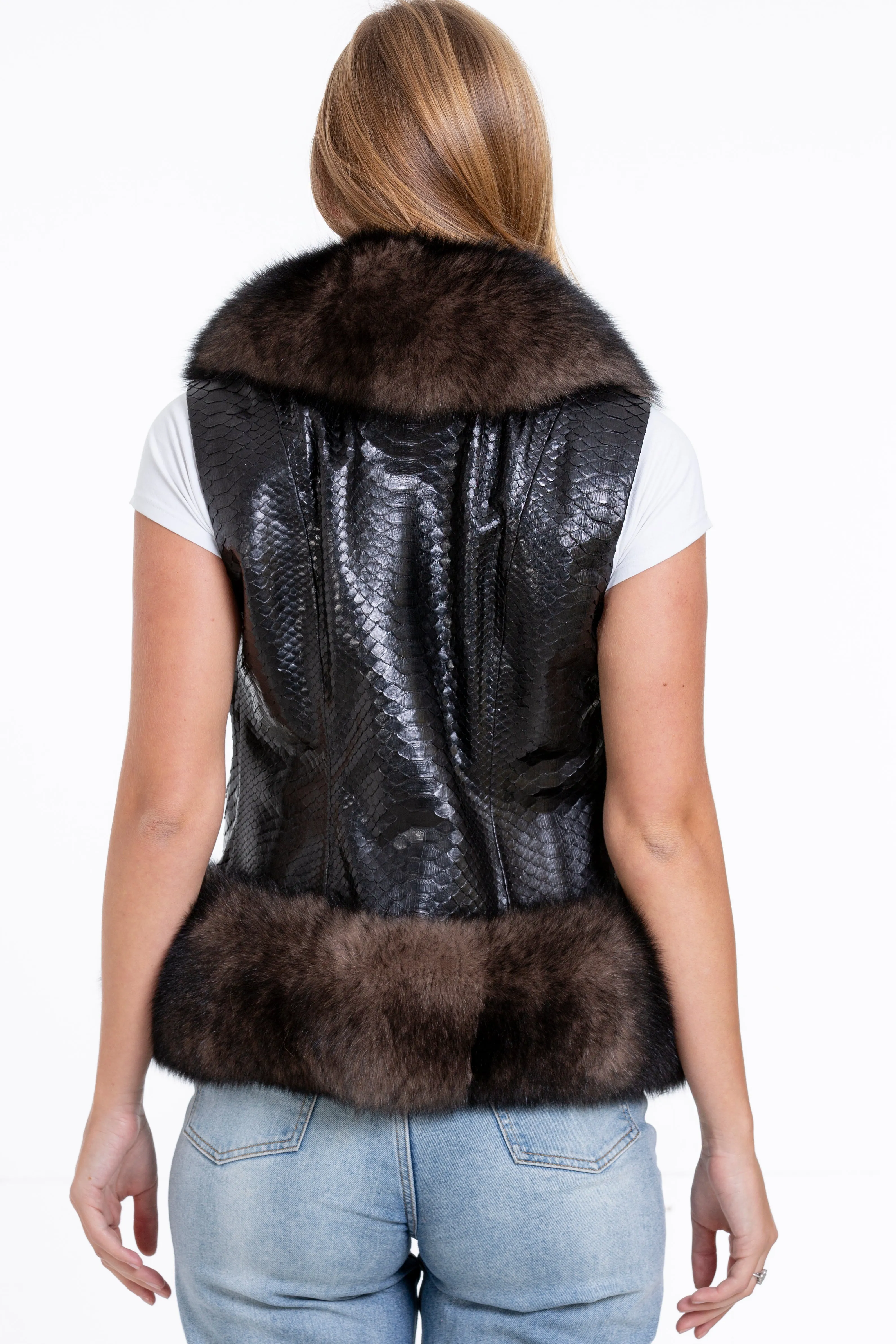 The Fitzroy Pythn Skin Leather Black Pullover Vest with a Pure Fox Fur Women Jacket