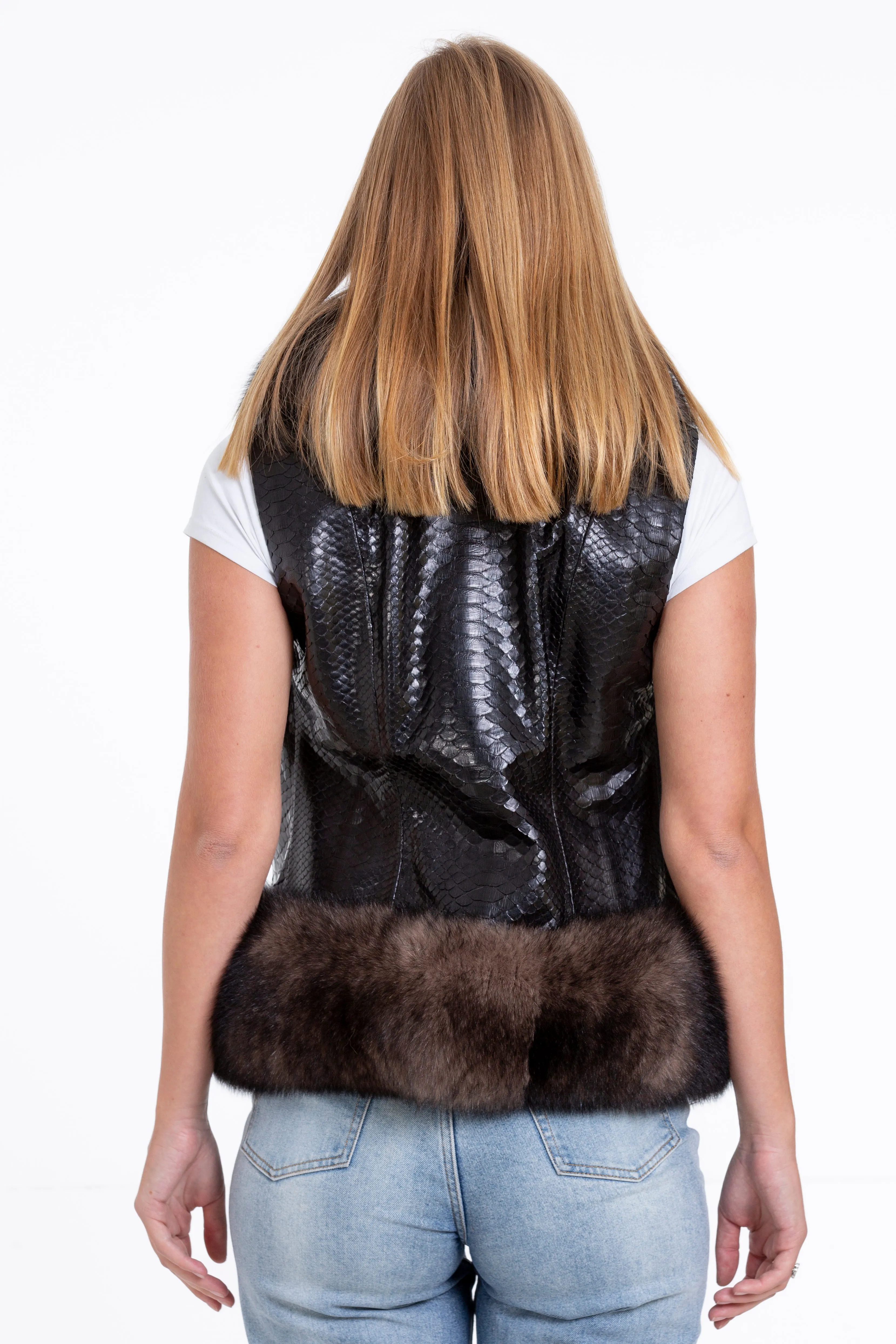 The Fitzroy Pythn Skin Leather Black Pullover Vest with a Pure Fox Fur Women Jacket