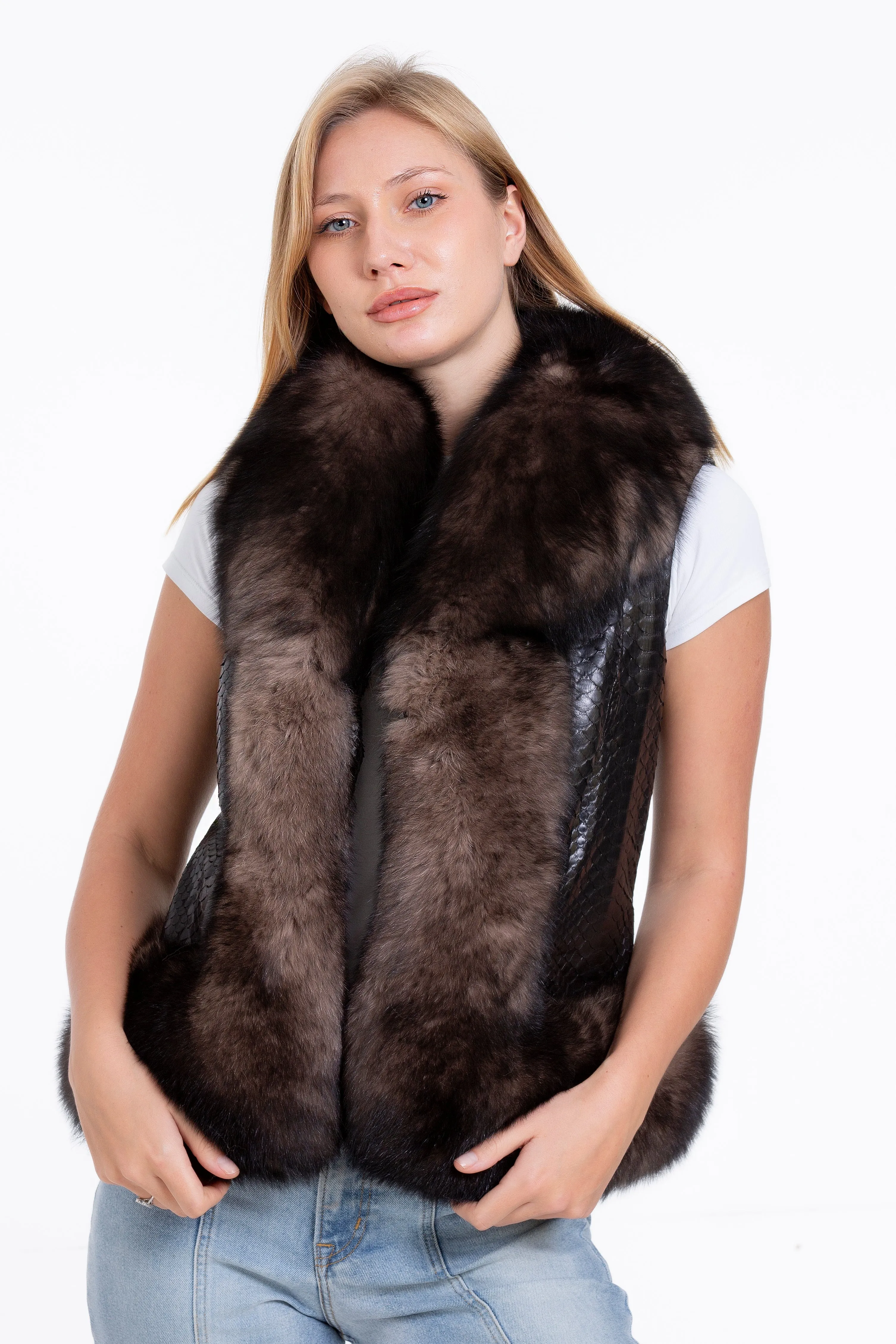 The Fitzroy Pythn Skin Leather Black Pullover Vest with a Pure Fox Fur Women Jacket