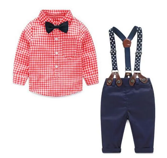 Toddler Boys Clothing Set Autumn Winter Baby Suit Children's Plaid Shirt Bib 2PCS Pants Suit Kids Christmas Gift Clothing 1-5T