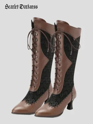 Victorian Gothic Hollow Cowboy Mid-calf High Heel Boots