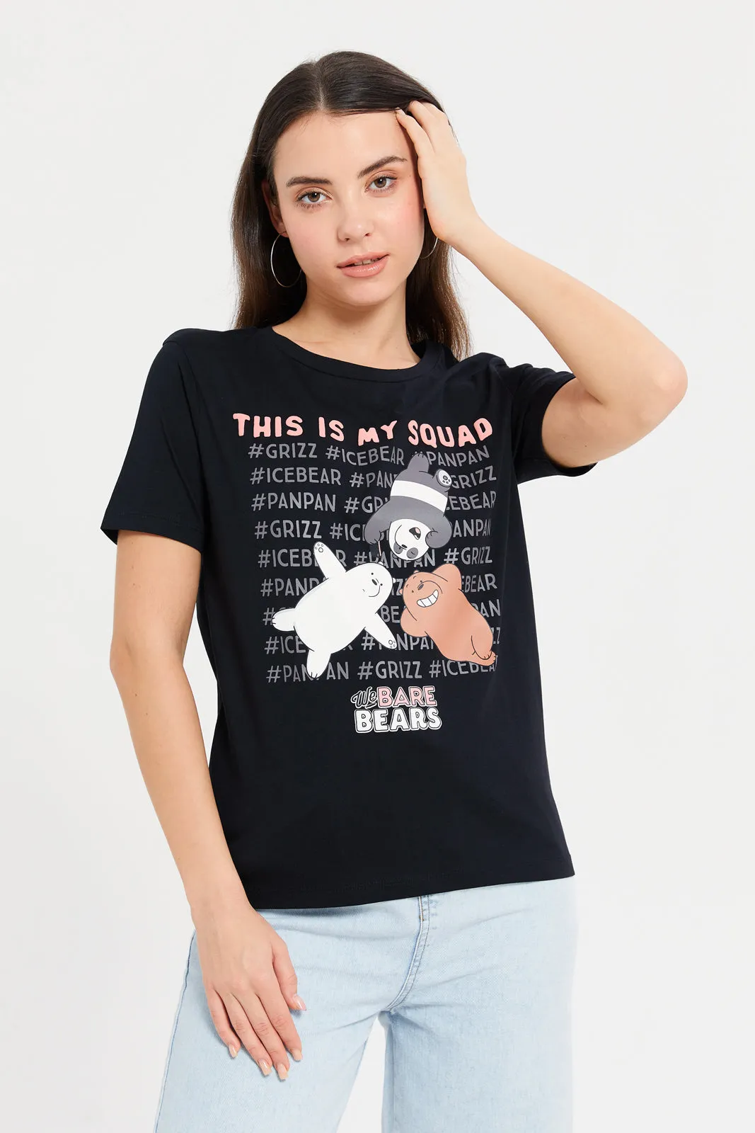 Women Black We Bare Bears Printed T-Shirt