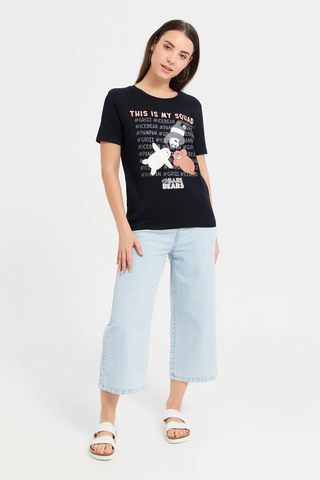 Women Black We Bare Bears Printed T-Shirt