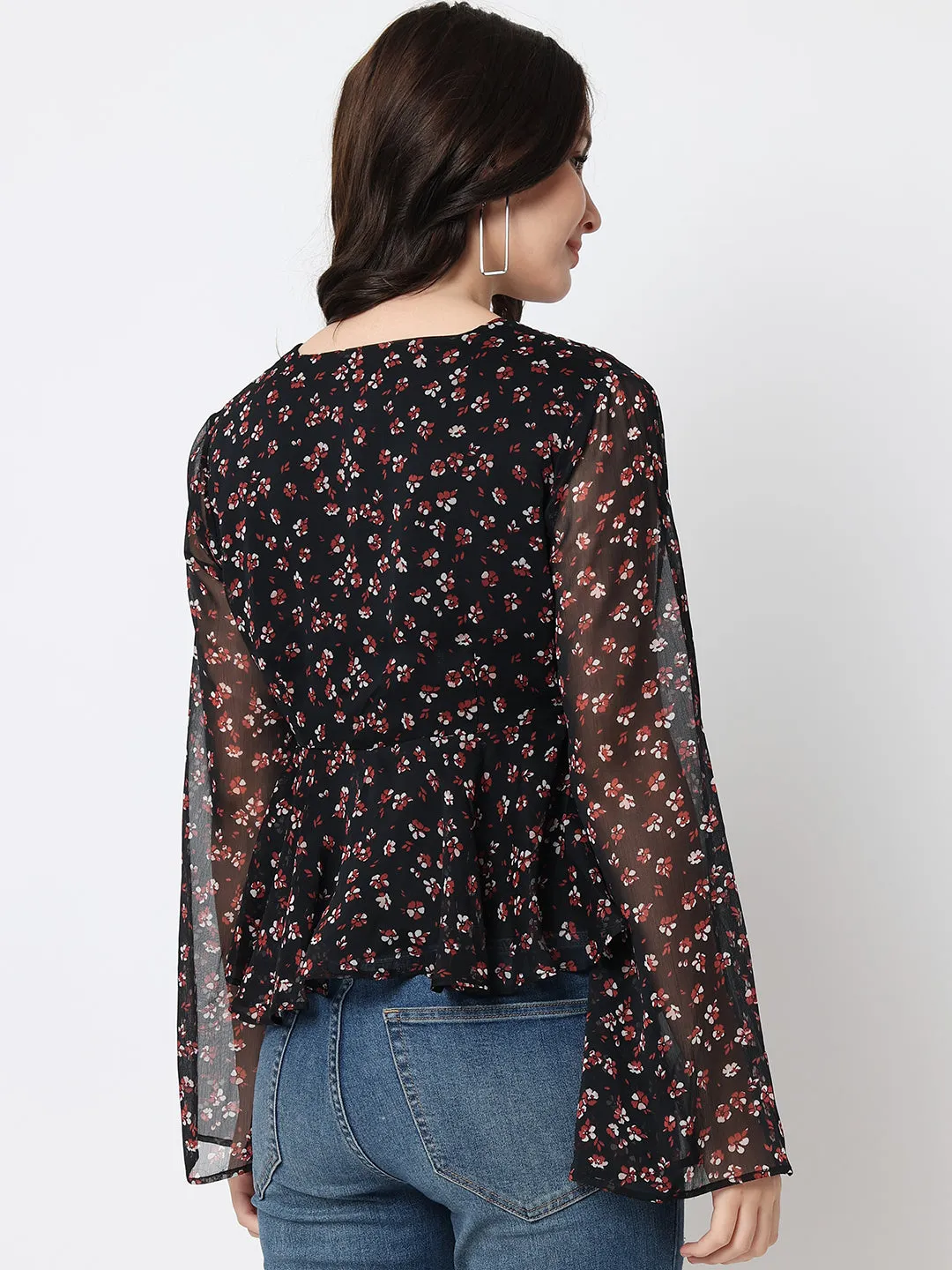 Women Floral Printed Black Top