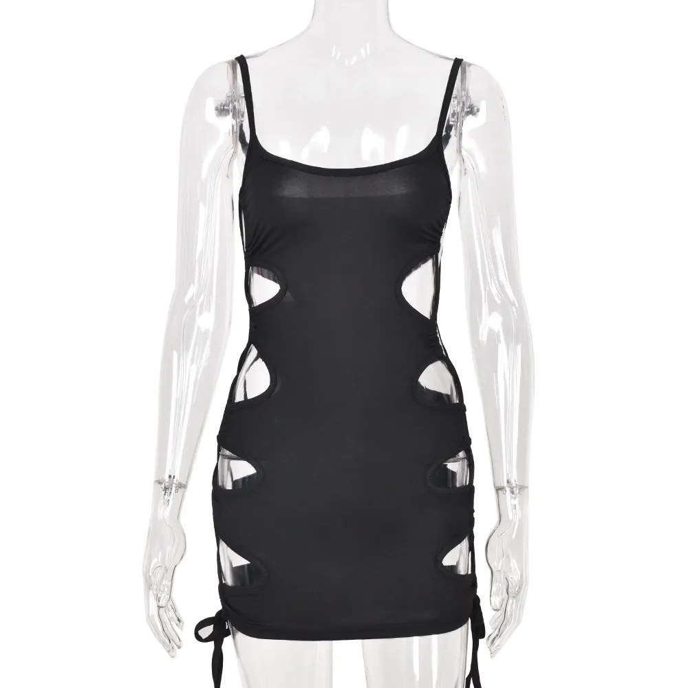 Women Hollow Out Black Mini Bandage Evening Party Night Backless Sleeveless Club Outfit Dress