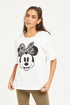 Women White Minnie Mouse Embellished T-Shirt