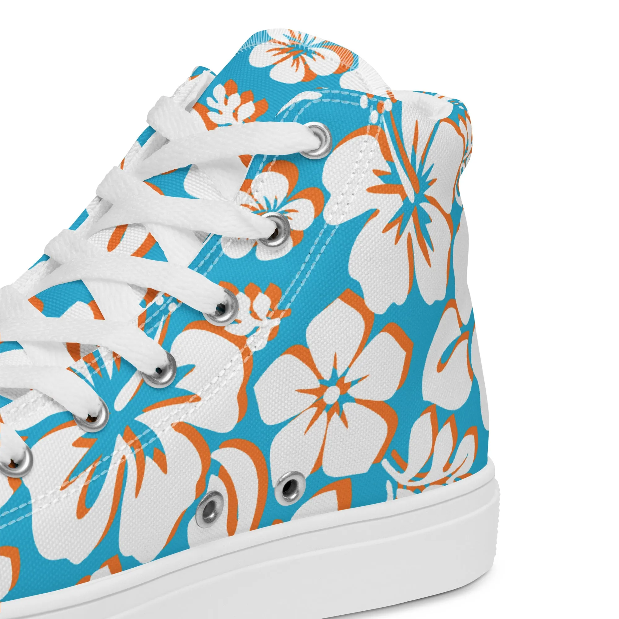 Women's Aqua Blue and Orange Hawaiian Print High Top Canvas Shoes