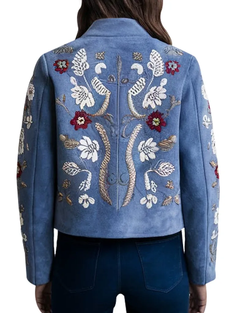 Women's Blue Embroidered Floral Jacket