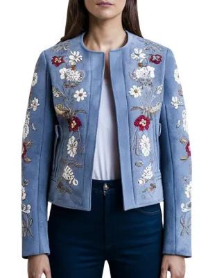 Women's Blue Embroidered Floral Jacket