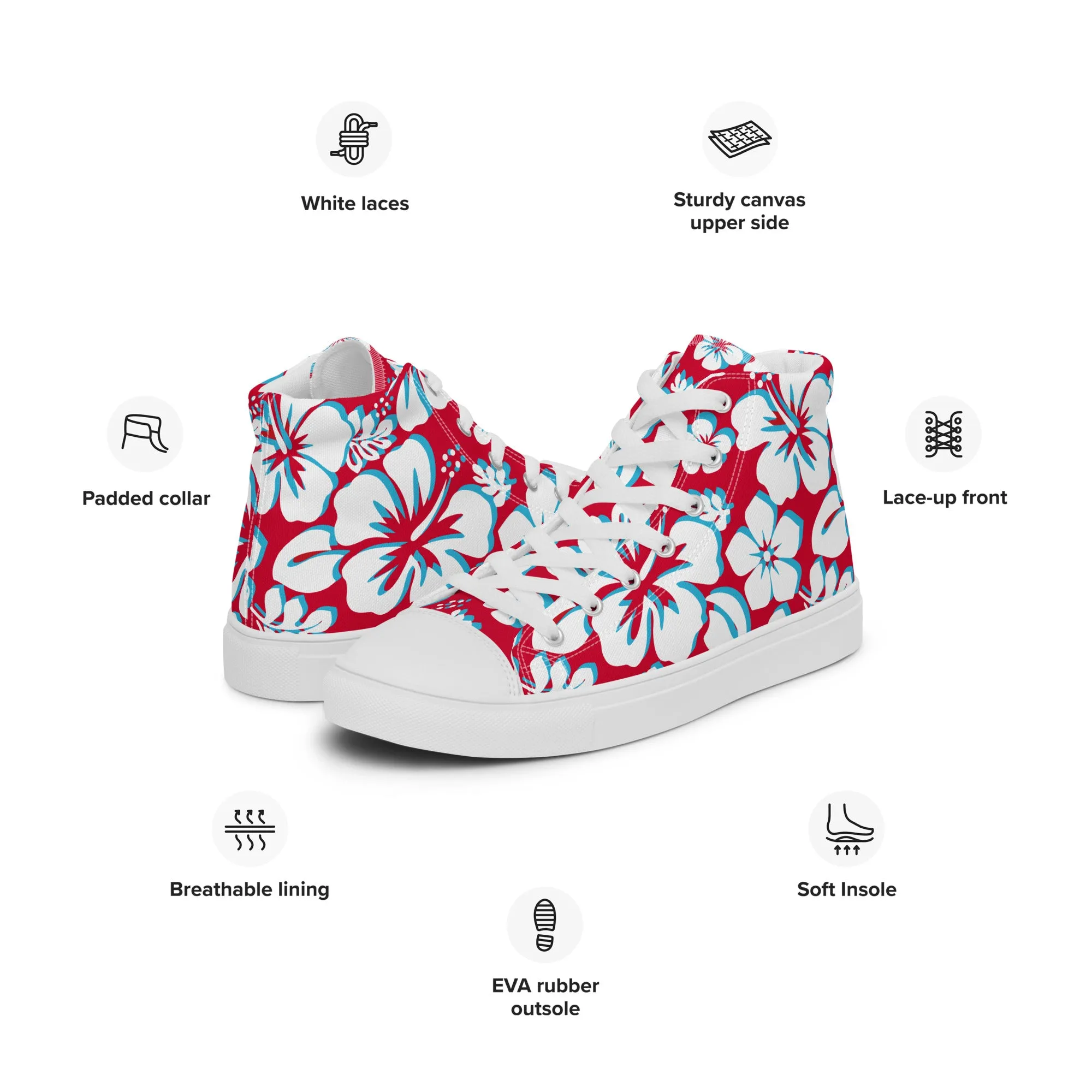 Women's Red, Aqua Blue and White Hawaiian Print High Top Canvas Shoes