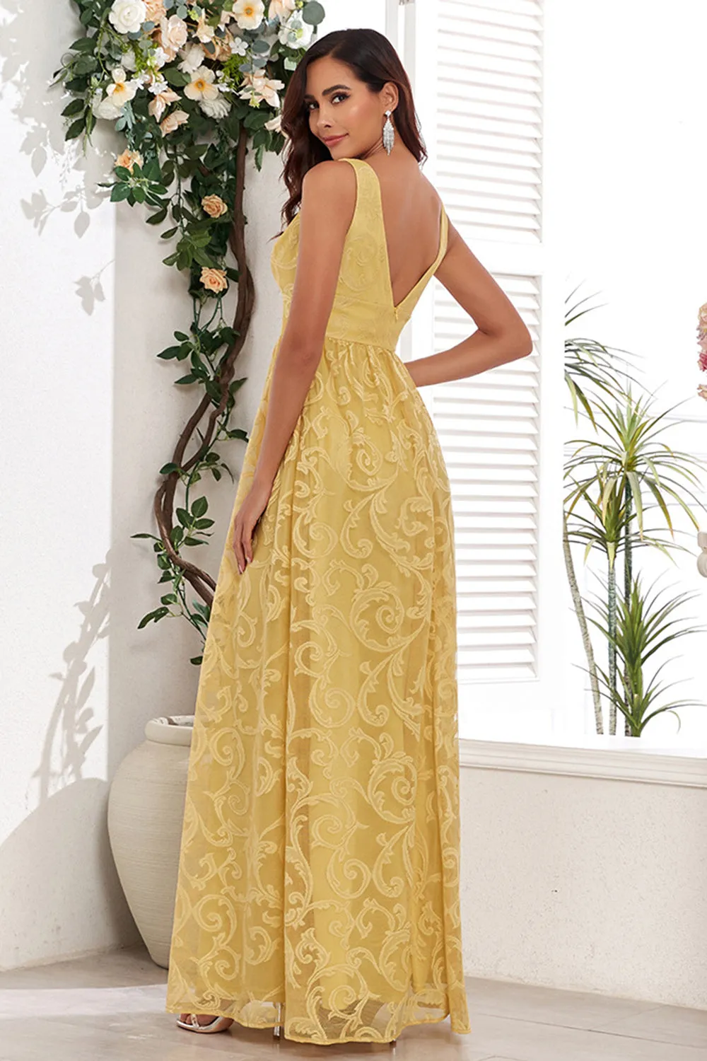 Yellow A Line V Neck Appliques Spaghetti Straps Maxi Dress